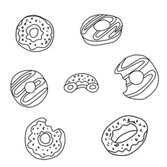 Set of doughnut Sketches from different angles. Vector illustration in the Doodle style. Lnear drawing of delicious doughnuts isolated on a white background. Collection of their fast food food.