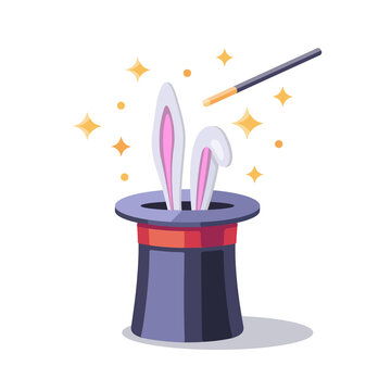Magician equipment: black magic hat with bunny ears, magic wand iand stars. A magic trick with white rabbit in magic hat. Vector illustration, flat style.