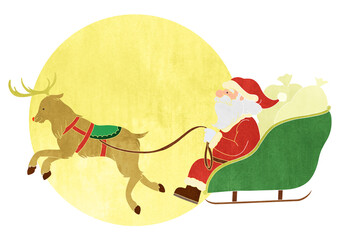 Illustration of Santa Claus riding a sled and moon
