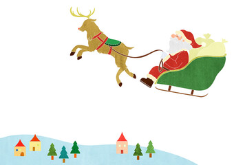 空をソリで走るサンタクロースと雪の積もった街の素材イラスト