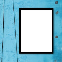 Photo frame mockup with black wire on blue wall