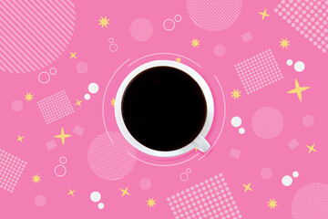 Top view White ceramic cup of black coffee on cute pink background, yellow star, square dots and straight-line circle . Kawaii backdrop.