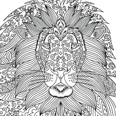 Coloring page for adults. Lion head with doodle and zentagle elements. Outline illustration for coloring book for relaxing at home. Vector isolated line art.