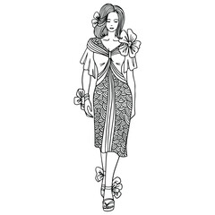 Fashion illustration. A model is posing in spring dress with bows. Vector outline illustration for coloring book pages, magazines, decoration.