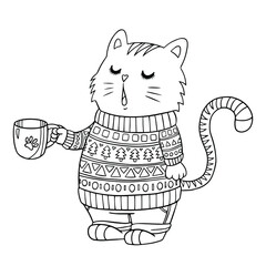 Coloring page. Funny cartoon cat in sweater holds a cup of coffee. Vector cute outline illustration for coloring books, print, cafe, posters.