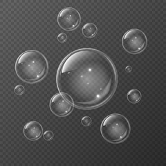 Transparent realistic set of soap bubbles. Aqua clear white spheres blowing air foam bubble shampoo soap bubbling shiny 3d isolated texture.