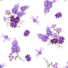Seamless vector floral pattern with flowering lilac and dragonflies.