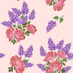 Seamless pattern with peonies and lilac on pink background.Vector illustration.