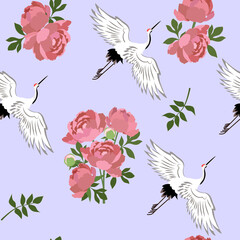 Seamless pattern with pink peonies and Japanese white cranes on blue background.Vector illustration.