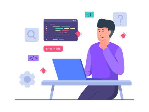 Guy developer character thinking work on laptop create debugging code with flat cartoon style.