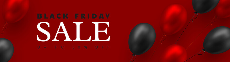 Black Friday sale banner. 3d red and black realistic glossy balloons. Red background. Vector illustration.