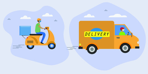 Online delivery service concept, online order tracking, delivery home and office. Warehouse, truck, drone, scooter,  delivery man in respiratory mask. Vector illustration