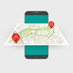 City map itinerary route navigation smartphone, phone point marker, drawing schema, city plan GPS navigation tablet, itinerary destination arrow paper city map. Route delivery check point graphic