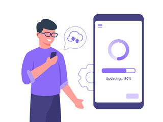 Guy character wear glasses holding smart phone update process mobile app connected to cloud with flat cartoon style.