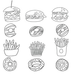 Set of sketches of hamburgers, fries, donuts from different angles.Vector illustration in the Doodle style.linear drawing of delicious doughnuts isolated on a white background.Collection of fast food