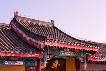 Fototapeta premium Qian'an, Hebei Province, China - December 1, 2018: ancient buildings, stone sculptures, Buddha statues, door gods and archways of Chinese Temples