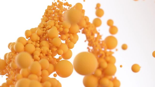 A stream of yellow balls of different diameters, abstract drops of orange juice, bright particles follow each other on a white background, forming an arc. Futuristic design, 3D animation.