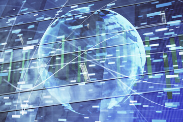 Double exposure of business theme hologram drawing and city veiw background. Concept of success.