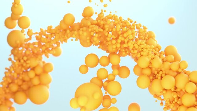 A stream of yellow balls of different diameters, abstract drops of orange juice, bright particles follow each other on a pale blue background, forming an arc. Futuristic design, 3D animation.