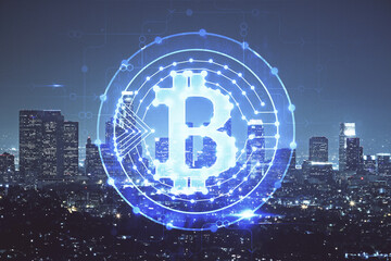 Multi exposure of cryptocurrency theme hologram drawing and city veiw background. Concept of blockchain and bitcoin.