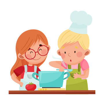 Happy Boy and Girl Chef Characters Wearing Apron and Hat Cooking Soup Vector Illustration