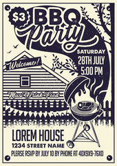 Vector Invitation Card. BBQ Party On The Backyard. Vector Poster Illustration.