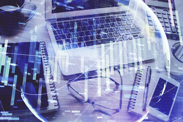 Double exposure of business theme icons and work space with computer background. Concept of success.