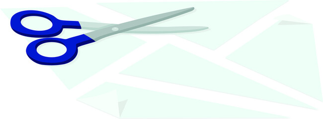 Stationery scissors cut a piece of paper. Vector illustration