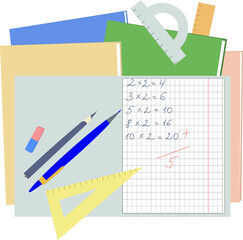  Different colors of notebooks, accessories for training. Written examples in mathematics, grade five. Back to school. The concept of education. Vector illustration
