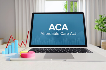 ACA (Affordable Care Act). Statistics/Business. Laptop in the office with term on the Screen. Finance/Economy.