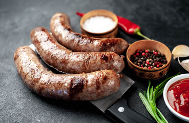 grilled sausages over meat knife with spices and rosemary on a stone background