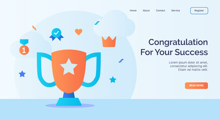 Fototapeta na wymiar Congratulation for your success trophy winner icon campaign for web website home page landing template with cartoon style