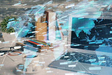 Multi exposure of desktop with computer on background and tech theme drawing. Concept of big data.