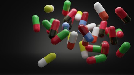  Capsule pills in many color 3d rendering, medicine concept, background
