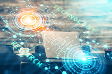 Double exposure of desktop with computer on background and tech theme drawing. Concept of big data.