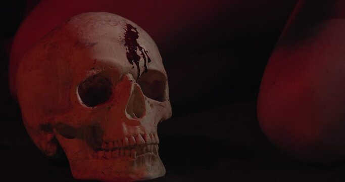 Blood is dripping on a skull, creepy occult ritual, woman in the background, 4k