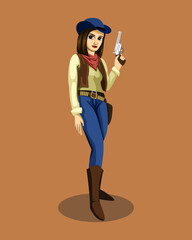 Vector illustration of a cute cowgirl standing, smiling and holding a gun.