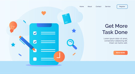 Get more task done clipboard checklist icon campaign for web website home page landing template with cartoon style.