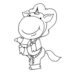 Coloring book for kids - unicorn in kimono goes in for sports. Black and white cute cartoon unicorns. Vector illustration.	
