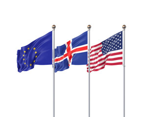 Isolated on white. Three realistic flags of European Union, USA (United States of America) and Iceland. 3d illustration.