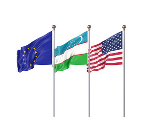 Fototapeta premium Isolated on white. Three realistic flags of European Union, USA (United States of America) and Uzbekistan. 3d illustration.