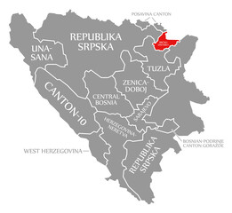 Brcko Distrikt red highlighted in map of Bosnia and Herzegovina