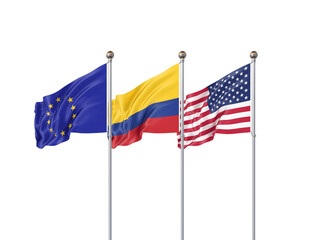 Isolated on white. Three realistic flags of European Union, USA (United States of America) and Colombia. 3d illustration.