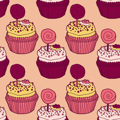 Pink, red and yellow cupcakes and popsicles, sweet colorful vector seamless pattern