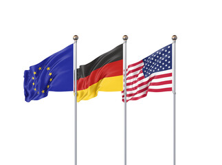 Isolated on white. Three realistic flags of European Union, USA (United States of America) and Germany. 3d illustration.
