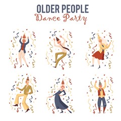 Older people dance party characters set of cartoon vector illustration isolated.