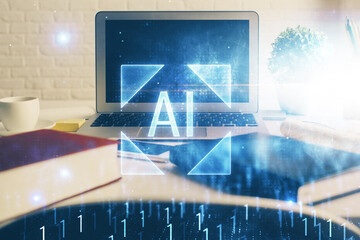 Multi exposure of desktop with personal computer and tech theme drawing. Concept of Bigdata.