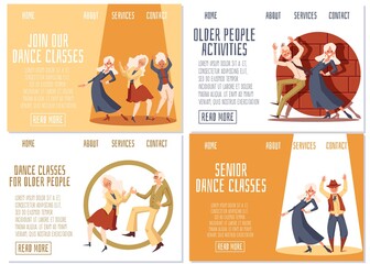 Banners set for elderly people club and dancing classes flat vector illustration. - obrazy, fototapety, plakaty