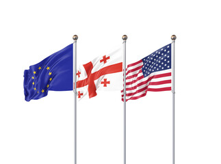 Isolated on white. Three realistic flags of European Union, USA (United States of America) and Georgia. 3d illustration.