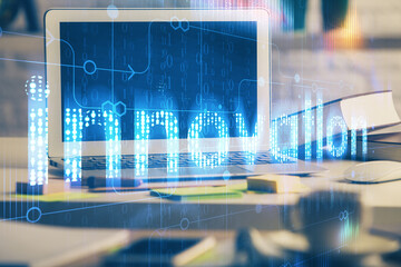 Multi exposure of desktop computer and technology theme hologram. Concept of software development.